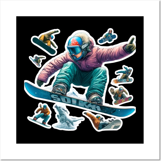 Frosty Freestyle Delight: Snowboarders' Frontside 360 Acrobatics in White, Red, Yellow, Black, Blue, and Orange Landscape Wall Art by PopArtyParty